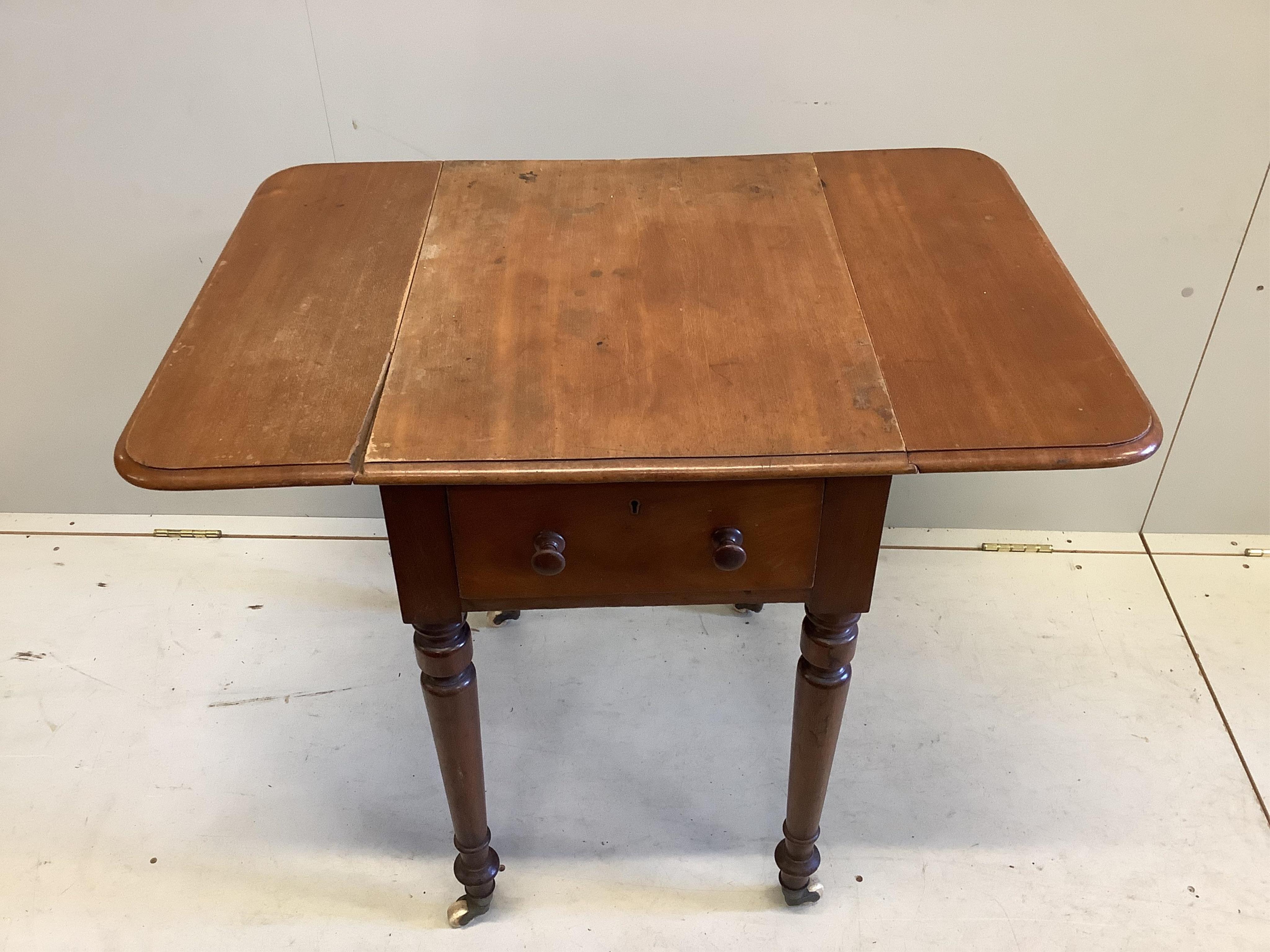 A Victorian mahogany drop flap work table, width 58cm, depth 45cm, height 73cm. Condition - poor